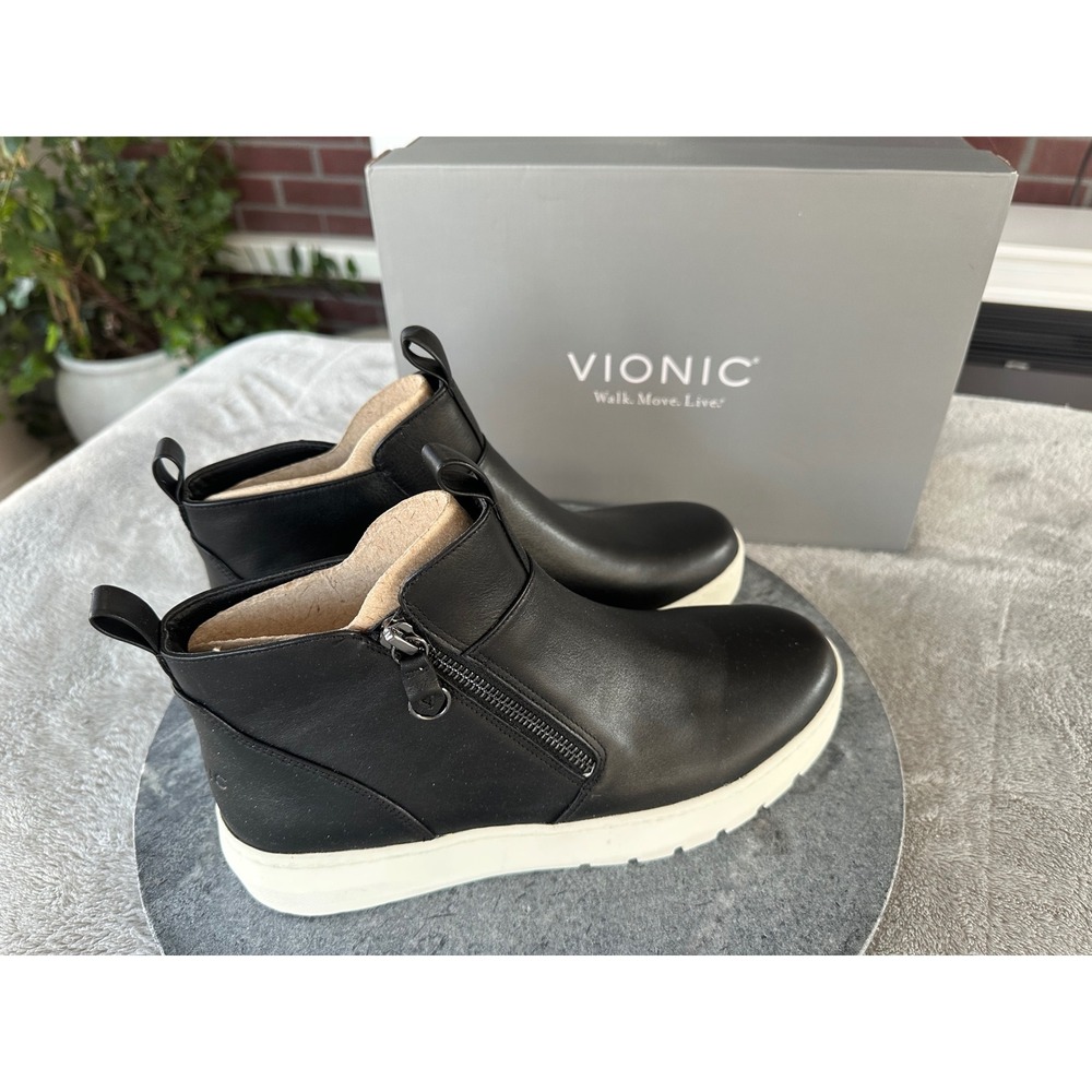 Vionic Brinkley Leather Booties Womens Size 8.5M Black Slip On Zip Boots Shoes